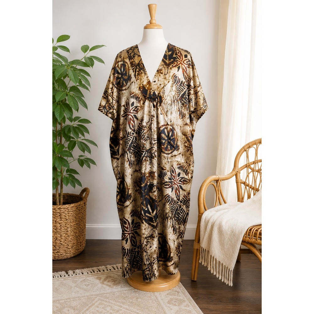 White Stag Brown Gold Batik Print Kaftan Lounger Sleepwear One Size Housedress